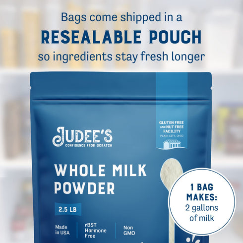 40 oz, Pack 1 Judee's Gluten Free Whole Milk Powder - Versatile Powdered Milk for Baking - Shelf Stable Dry Mix