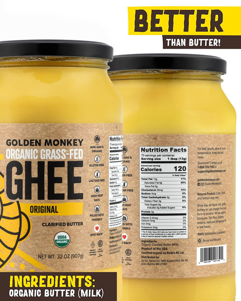 (32oz) GOLDEN MONKEY Organic Ghee Butter Grass Fed Clarified Butter for Cooking, Baking, Keto & Gut Health Ghee Butter