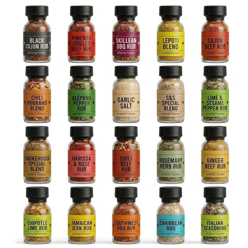 Set 20 Pack BBQ Grill Spice Glass Bottles Gourmet Seasoning Variety Rubs for Steak Chicken and Grilling BBQ Gift