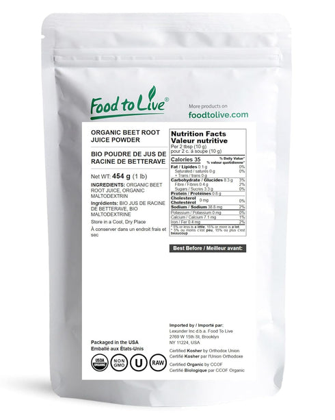 1 Hummus Food to Live Organic Beet Root Juice Powder, Pound - Non-GMO, Raw, Keto, Vegan, Bulk, Contains Maltodextrin.