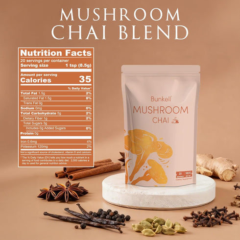 6 Immune 20 1 Pack Bunkell Mushroom Chai, Adaptogenic Mushrooms with Lion's Mane, Reishi, Cordyceps, Shiitake, King