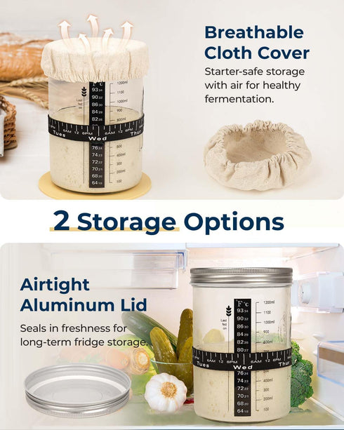 47 oz Lorzon Sourdough Starter Jar Kit - Large Wide Mouth Bread Starter Jar with Feeding Tracking Band, Silicone
