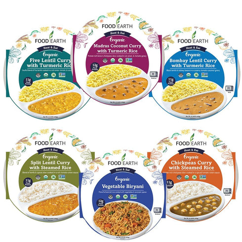 Food Earth Ready to Eat Indian Meals Six Flavor Variety Pack Organic,