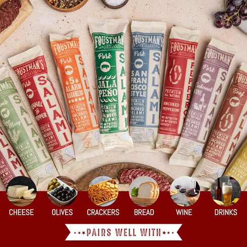 8 Oz. Foustman's Salami Jalapeno Pork Artisanal, Nitrate-Free, Naturally Cured Lunch Meat, Gluten-Free, Dairy-Free
