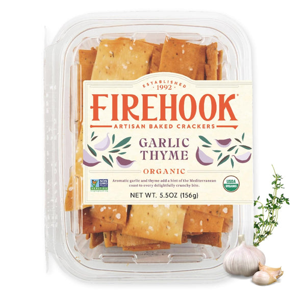 Firehook Garlic Thyme Crackers – Artisan Baked, Crunchy, Organic, Non-GMO, Kosher – 5.5 oz Box