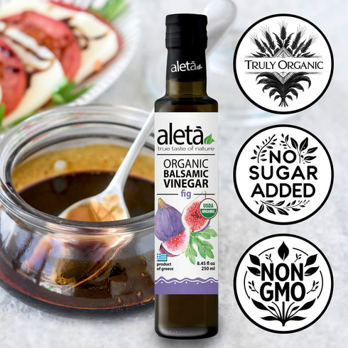 Aleta 8.45 oz Farms Fig Balsamic Vinegar, Greek Organic Flavored Vinegar, USDA Organic, Perfect for Salad Dressings