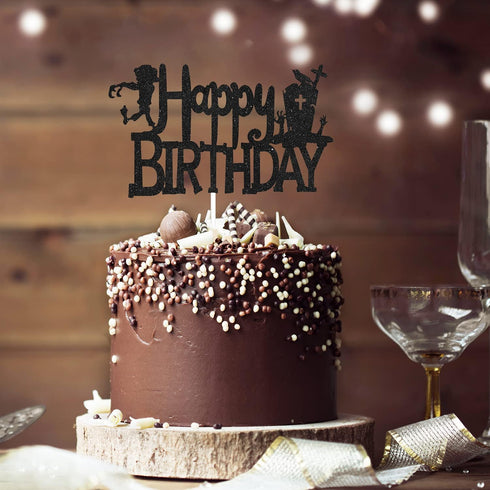 Happy Halloween Spooky Zombies Happy Birthday Cake Topper - Tombstone Zombies Halloween Black Glitter Cake Topper - Cartoon Kids Birthday Game Videos Halloween Party Derocation