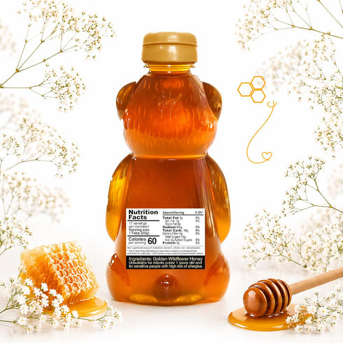 12 Oz Nature's Goodness Teddy Bear Honey Squeeze Bottle, Pure Real Golden Wildflower Honey for Tea, Baking & Cooking