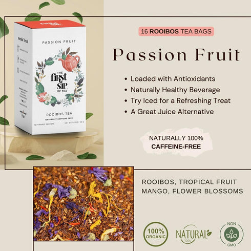 Rooibos Passion Fruit & Mango Tea Bags, Healthy Juice Alternative, Caffeine-Free, 16 Cups
