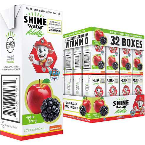 32-Pack Shine Water x Paw Patrol Apple Berry Juice Boxes with Vitamin D | No Added Sugar | Naturally Flavored Drinks