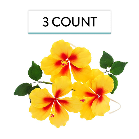 3 Count Global Sugar Art Hibiscus Sugar Cake Flowers, Yellow with Red, with Leaves by Chef Alan Tetreault