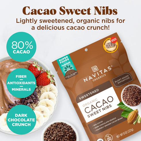 Navitas Organics Cacao Sweet Nibs, 4oz Bag, 28 Servings, Organic, Non-GMO, Gluten-Free