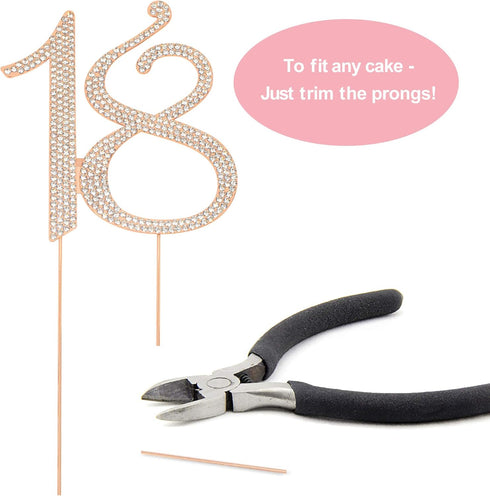 18 Cake Topper - Premium Rose Gold Metal, 18th Birthday Party Sparkly Rhinestone Decoration, Protected in a Box