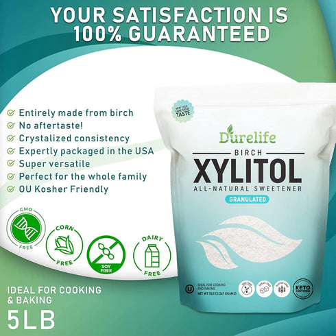 5 LB (80 OZ) 100% Packaged DureLife XYLITOL Sugar Substitute Bulk Made From Pure Birch Xylitol NON GMO - Gluten Free