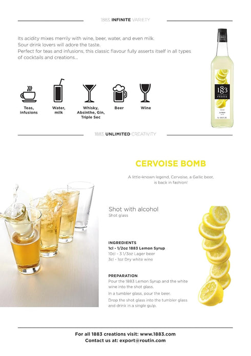 1883 1 Lemon Syrup for Drinks, Made in France, Liter Plastic Bottle
