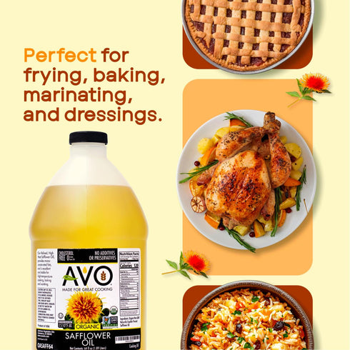 64 Fl-oz 465F AVO Organic Safflower Oil for Cooking, Frying, Baking, Salads, Vinaigrette, Marinades. General Cooking