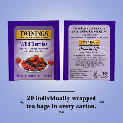 20 Count (Pack 2) Twinings Wild Berries Tea - Naturally Caffeine-Free Herbal Infusion Bursting with Fresh and Uplifting