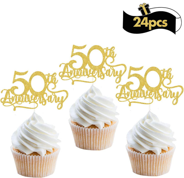 24Pcs Gold Glitter 50th Anniversary Cupcake Topper, Happy 50th Cheers to 50 Years Party Decoration Supplies