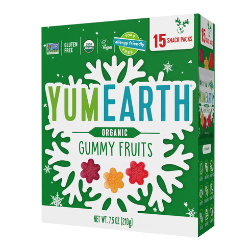 YumEarth Holiday Organic Gummy Fruits 15ct Box Allergy Friendly Christmas Candy, Dye