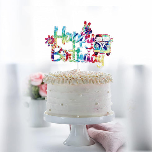 Groovy 60's Tie Dye Happy Birthday Cake Topper - 60's Birthday Party Cake Decoration