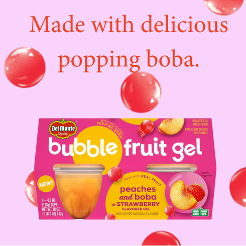 4.5oz (24 Count) Del Monte Bubble Fruit Gel Peaches and Boba in Strawberry Flavored Gel, | Real Fruit & Popping Boba
