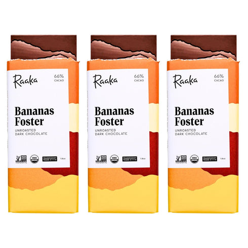 Raaka Chocolate Bananas Foster 66% Cacao Dark Chocolate, Organic, Vegan, Fair Trade, Gluten Free, Kosher, 1.8oz Bars,