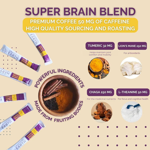 Immune 20 Packets Grateful Earth Mushroom Coffee, Coconut Instant Coffee with Lions Mane Mushrooms, Chaga, Turmeric