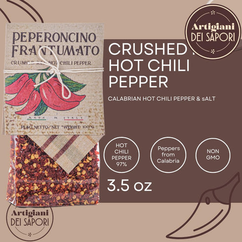 Crushed Hot Chili Pepper Flakes, 3.5 oz Bag, Red Chile Pepper, Spicy Herb Seasoning, Italian Pepperoncino, Packed in Calabria, Artigiani dei Sapori, Calabrian Specialties,