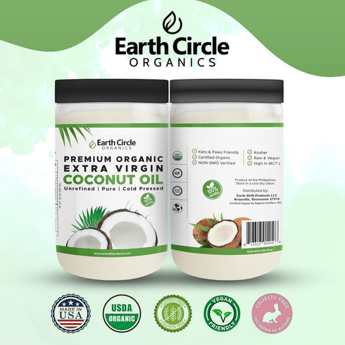 (32 Earth Circle Organics Premium Ultra Pure Extra Virgin Organic Coconut Oil, Cold Pressed, Baking, Smoothies, Skin
