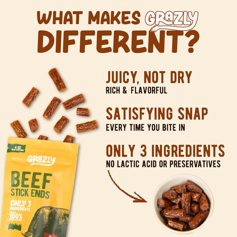10g 4 oz Grazly Plain Beef Stick Ends Made With Only Grass-Fed Beef, Spring Salt & Collagen Casing Bite-Sized