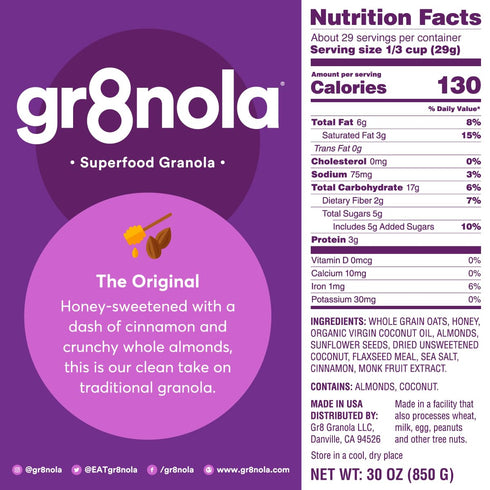 gr8nola 30oz (1.8 lb) THE ORIGINAL - Healthy, Low Sugar Granola Cereal - Made with Superfoods, Whole Almonds, Honey