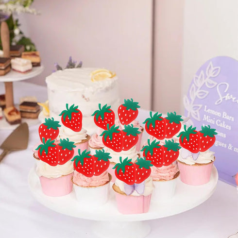 60 PCS Edible Strawberry Cupcake Toppers Wafer Paper Sweet Berry Cupcake Picks Edible Strawberry Cupcake Decorations