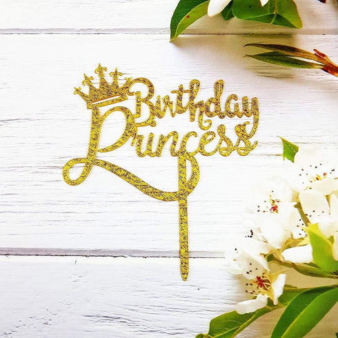 Happy Birthday Princess Cake Topper, Gold Glitter Acrylic for Princess Birthday Cake Party Decorations