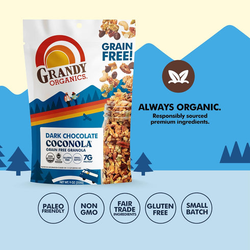 9oz Pack 3 Grandy Organics Dark Chocolate Coconola Granola, Certified Organic Gluten Free Granola, Grain Free