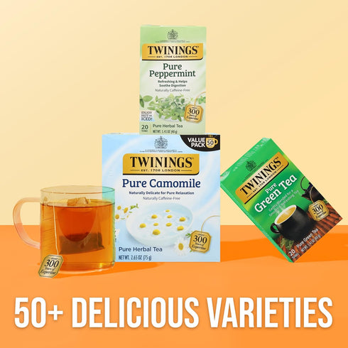 20 Count (Pack 1), 20 Twinings Pure Peppermint Herbal Tea Individually Wrapped Bags, of Fresh Minty Flavour, Naturally