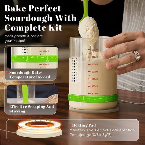 10-In-1 34 Oz Pro Sourdough Starter Kit Glass Jar With Lid, Cloth Cover, Date Band, Brush, Temp Strip, Silicone