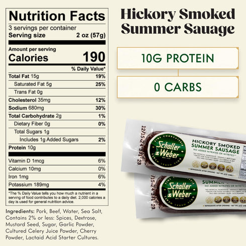 Summer 6 Oz (Pack 2) Schaller & Weber Hickory Smoked Pork Sausage, of | Ready to Eat German Smoked Sausage Meat Snack