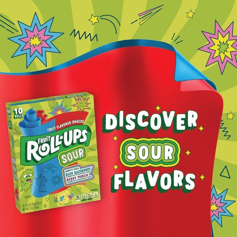 Fruit Roll-Ups Pack 5 oz (10 Count) Sour Fruit Flavored Snacks, Blue Razzberry & Berry Punch Flavors, Variety