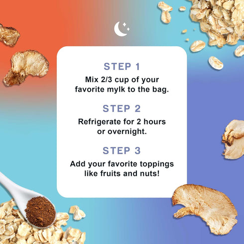 (6 Pack) Mushroom Overnight Oats Superfood Lions Mane Mushroom, Chia & Flax Seed - Organic Protein Oatmeal - High