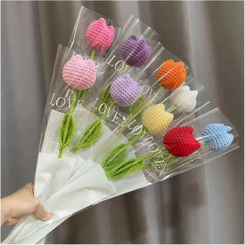 Generic 1PC Finished Knitted Flowers Tulip Carnation Sunflower Simulated Bouquet Mother's Day Valentine's Day Teacher's