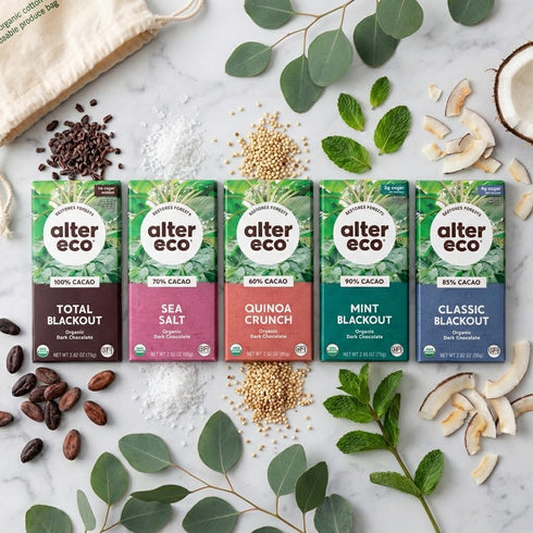 Pack 5pk 85%, 100% Alter Eco Dark Chocolate Variety Blackout Quinoa Crunch, Sea Salt Organic, Superdark Mint & Cacao