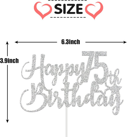 Silver Glitter Happy 75th Birthday Cake Topper - 75th Birthday Party Decoration, 75th Birthday Cake Topper