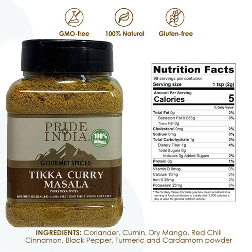 7 oz. Pride of India Tikka Curry Masala Seasoning Spice Gourmet Curry Mix Ideal for Vegetarian and Meat Dishes Natural