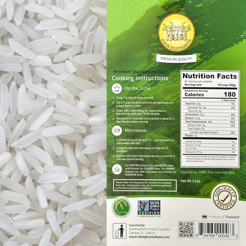 5 (LBS) Packaging Pounds Premium Thai Hom Mali Jasmine Rice | Endorsed By Pro Chefs | Four Elephants Brand | DIY