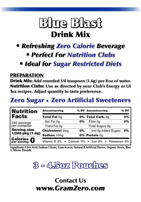 GramZero Blue Blast Zero Calorie Sugar Free Drink Mix, Great For Nutrition Club Loaded Teas, Stevia Sweetened