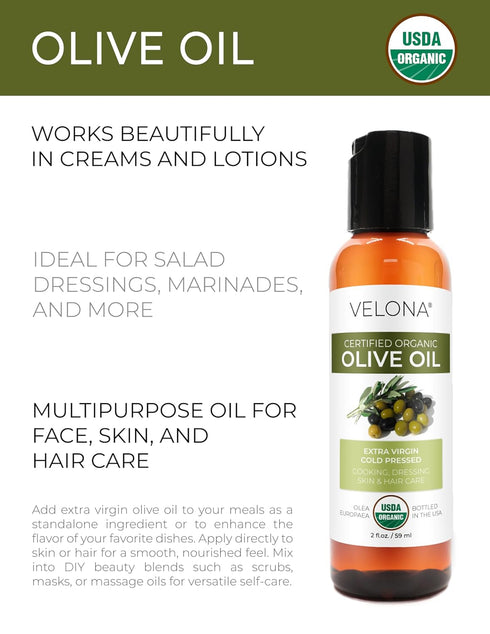 2 Oz 100% velona USDA Certified Organic Olive Oil - Fl | Pure and Natural Carrier Oil | Extra Virgin, Unrefined, Cold