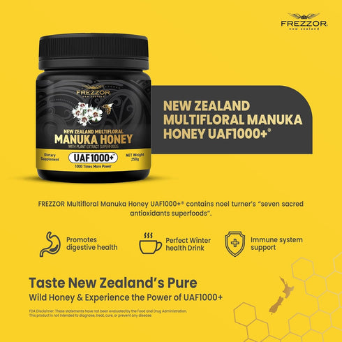UAF1000+ 230% 1 (8.8oz/250g) FREZZOR Premium New Zealand Raw Multifloral Manuka Honey with Super Antioxidant, More