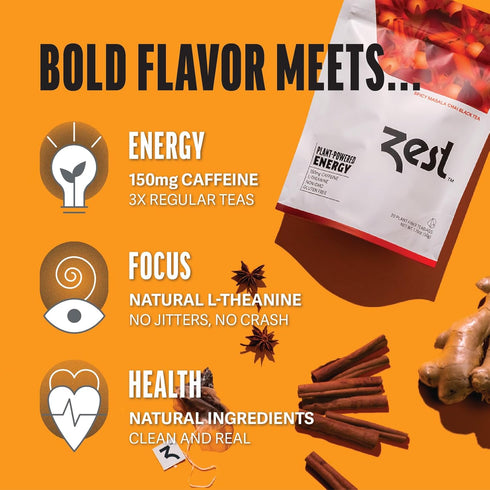 Zest High Caffeine Energy Leaf Blend - 150mg Spicy Masala Chai Black Tea, 20 Pack Bag, Keto Diet Alternative