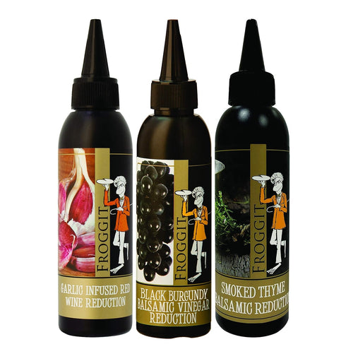 Froggit 3-Piece Garlic Infused Red Wine Vinegar, Burgundy Bliss Balsamic Reduction, Smoked