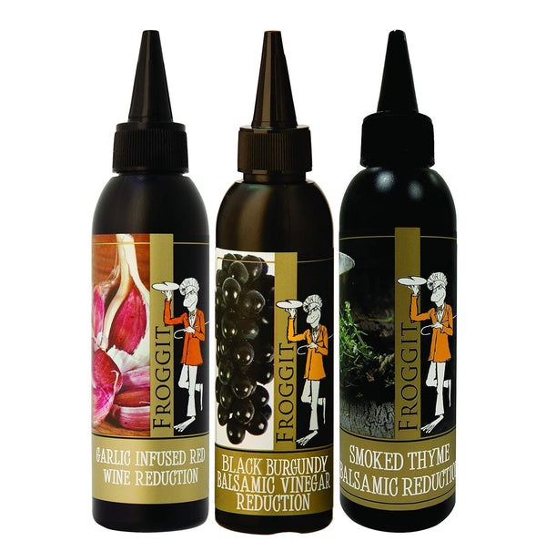 Froggit 3-Piece Garlic Infused Red Wine Vinegar, Burgundy Bliss Balsamic Reduction, Smoked
